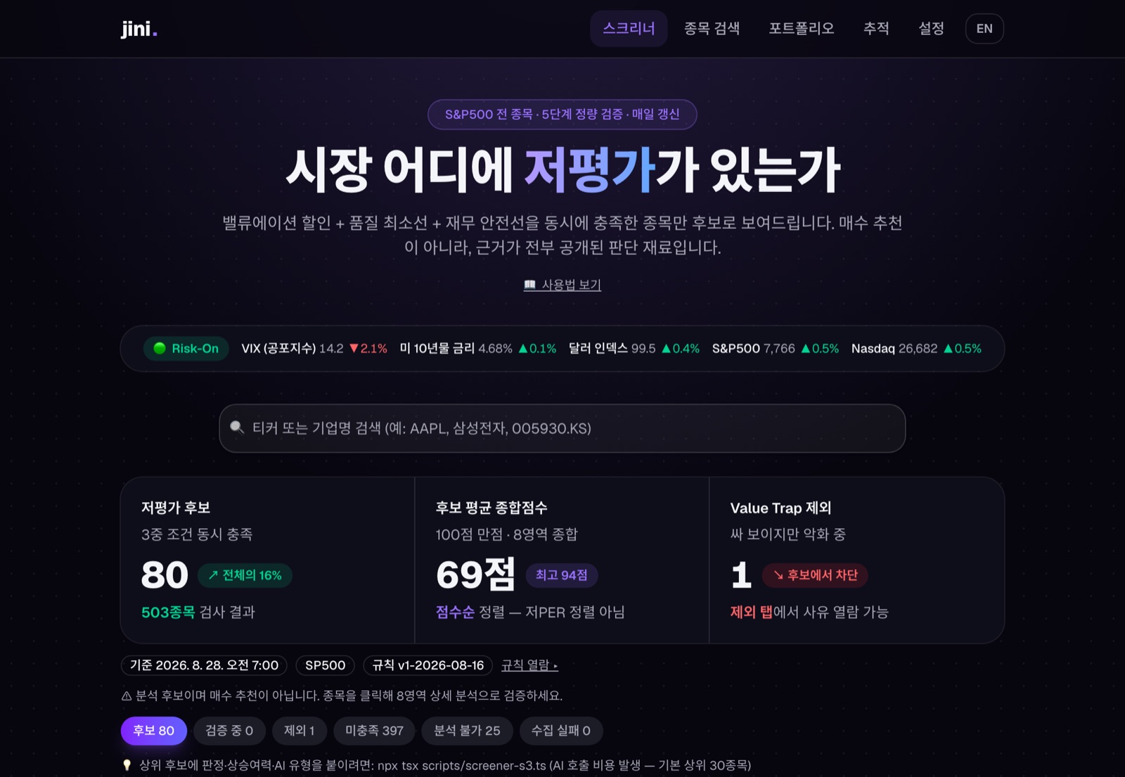 실제 홈 화면 — 저평가 후보 요약과 탭(후보/검증 중/제외/미충족)