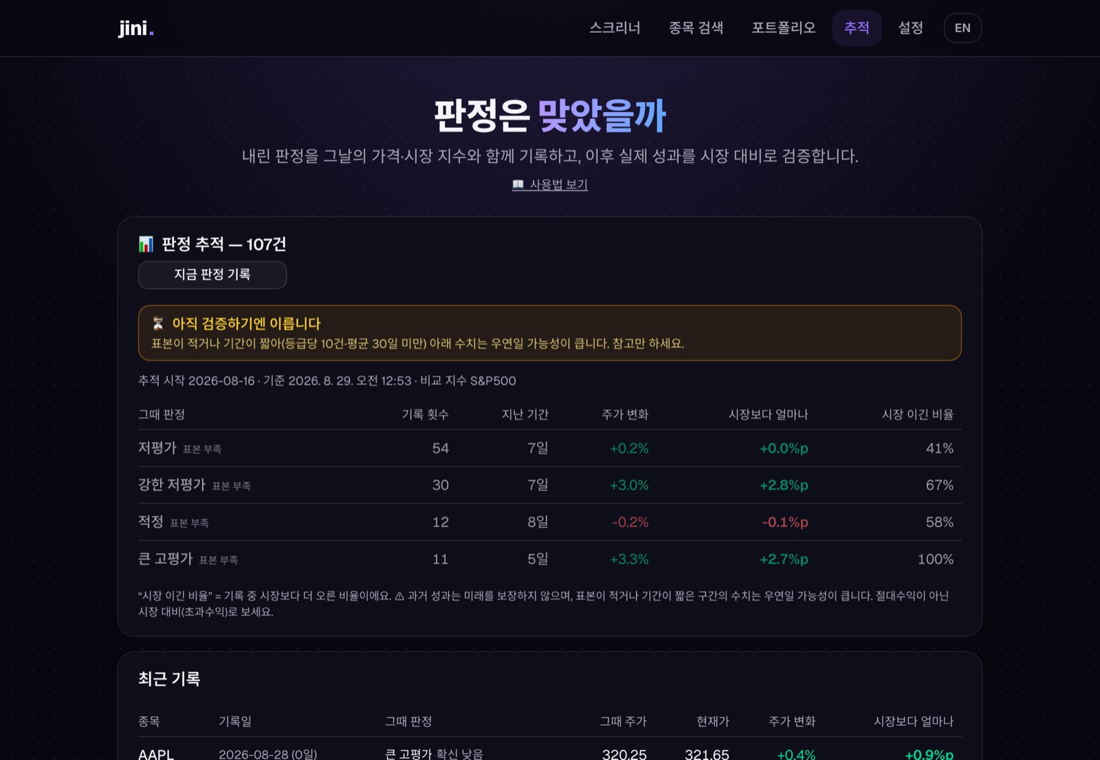 추적 페이지 — 판정별 집계와 표본 부족 경고